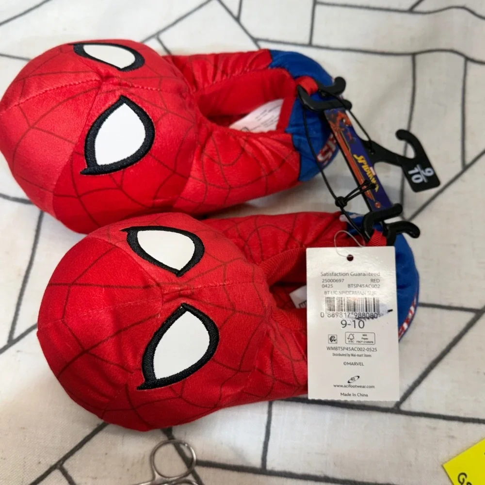 Marvel Spider-Man Slippers Size‎ 9/10 Red Blue Toddler Boys Plush House Shoes